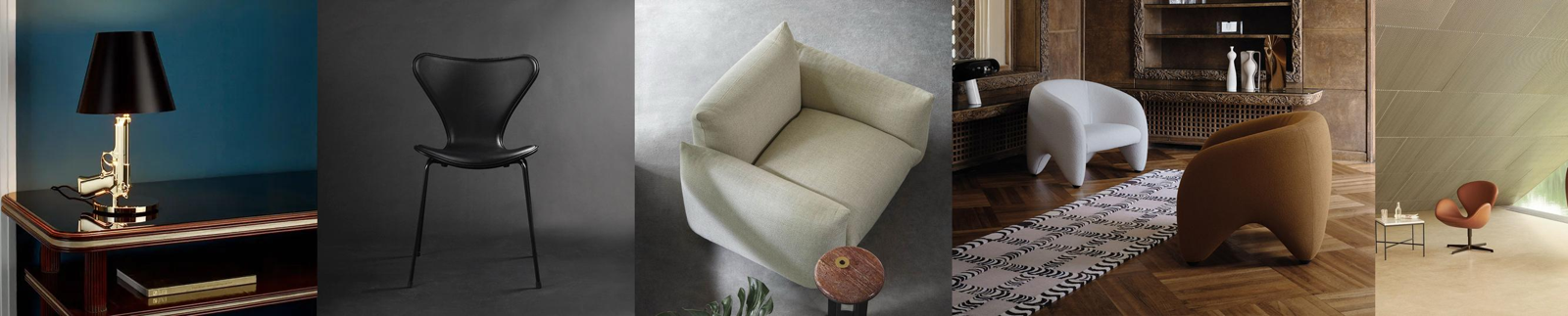 Bild kollage på några av våra designmöbler.
